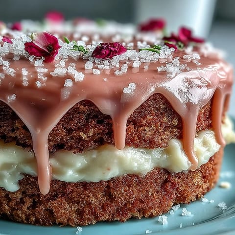A celebration-ready Rosé Velvet Cake, frosted and adorned with shimmering gold.