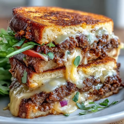 Golden brown Cheeseburger Grilled Cheese oozing with melted cheddar and juicy beef.