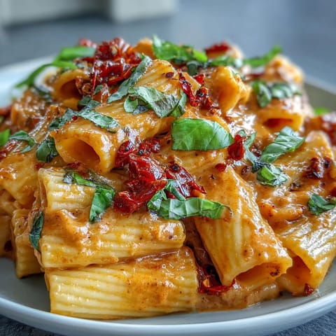 Creamy Spicy Vodka Rigatoni, coated in rich sauce, topped with fresh basil.