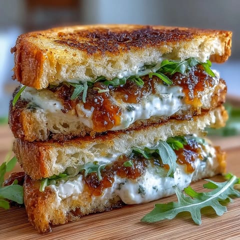 Golden fig jam and goat cheese oozes from a grilled cheese sandwich.