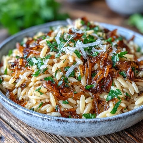 Tender orzo pasta dish with deeply caramelized onions, fresh parsley, and parmesan.