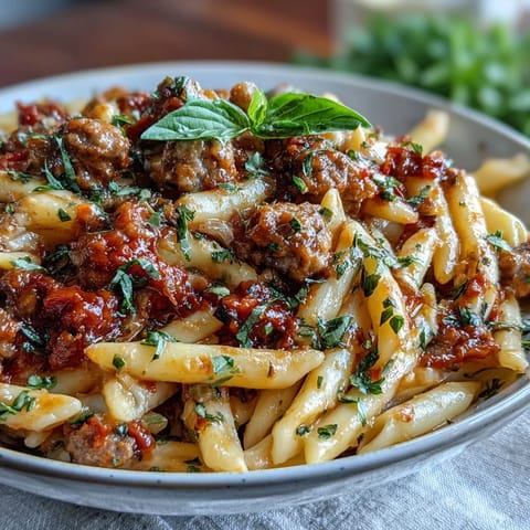 Creamy tomato sausage pasta dish with a rich, luscious sauce and plump pasta.