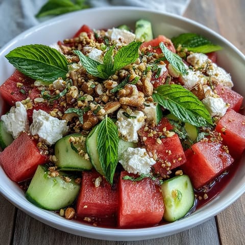 Vibrant Watermelon Feta Crunch Salad with pistachio dukkah, a refreshing summer delight.