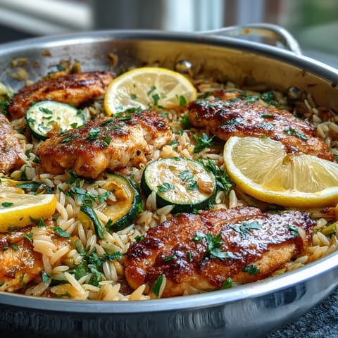 One-Pan Lemon Chicken and Zucchini Orzo with tender chicken and bright lemon sauce.