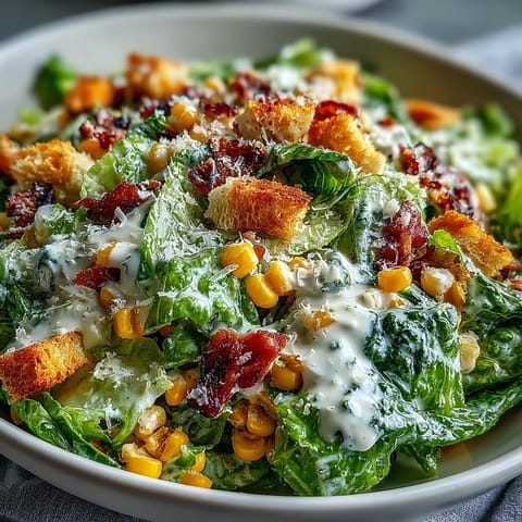 Vibrant Charred Corn Caesar Salad with smoky kernels and crisp romaine awaits serving.