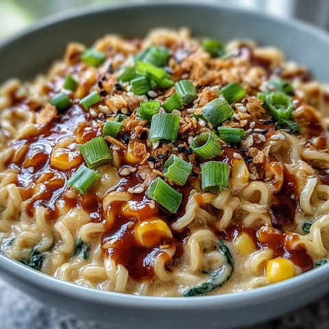Spicy creamy corn buldak ramen with vibrant corn, ready to be devoured.