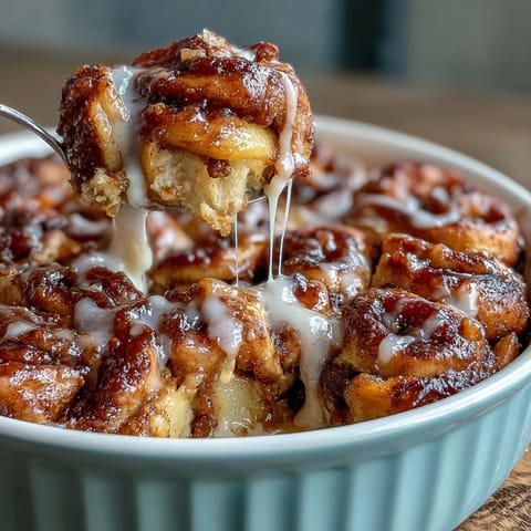 Golden peach cobbler cinnamon roll casserole bubbling in a baking dish.