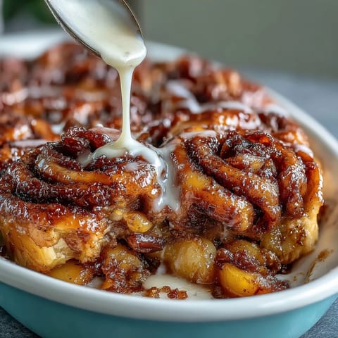 Warm cinnamon roll casserole swirled with sweet peaches, ready to serve.