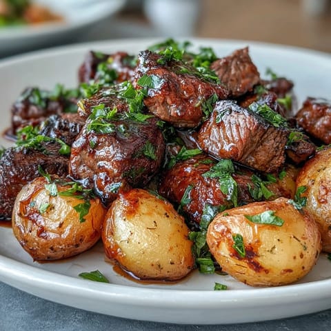 Golden-brown Garlic Butter Steak Bites and Potatoes, glistening with sauce.