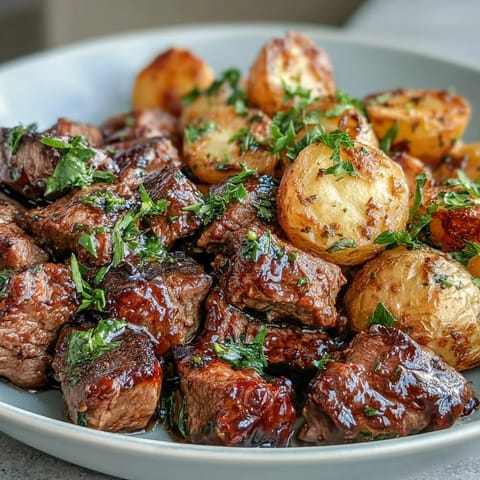 Juicy steak bites alongside crispy potatoes, tossed in savory garlic butter.