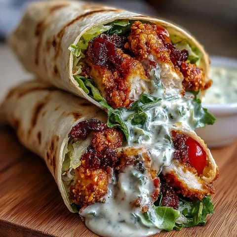 A satisfying Crispy Chicken Buldak Caesar Wrap piled with fresh greens.