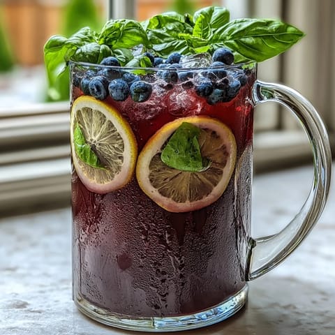 Vibrant blueberry lemon basil lemonade pitcher ready for summer sipping.
