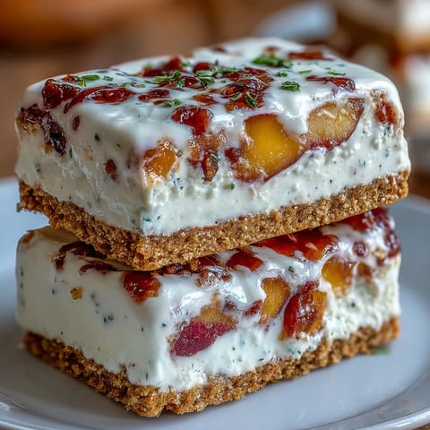 Creamy frozen peach yogurt sandwiches layered between sweet graham crackers on a white plate.