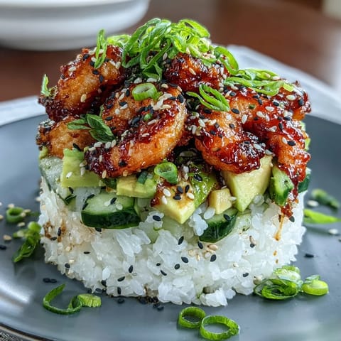 Colorful spicy shrimp sushi stack with avocado, cucumber, and creamy sriracha drizzle.