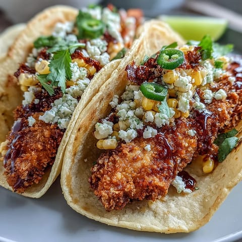 Golden crispy chicken tacos piled high with zesty Mexican street corn topping.