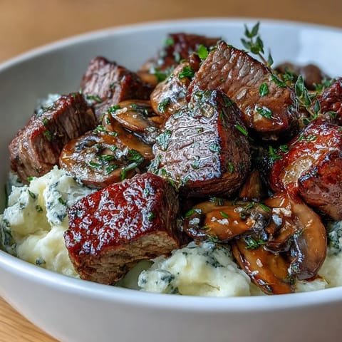 Hearty Garlic Butter Steak and Mushroom Potato Bowls with tender steak and creamy potatoes.