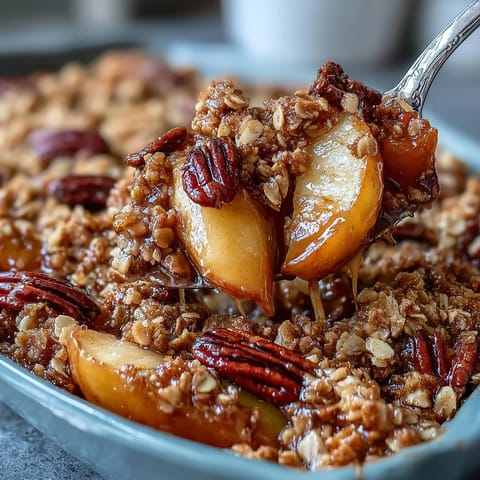Warm Maple Bourbon Peach and Apple Crisp with golden oat topping bubbling.