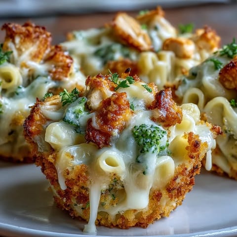 Golden baked Broccoli Chicken Mac and Cheese Cups topped with crunchy breadcrumbs.