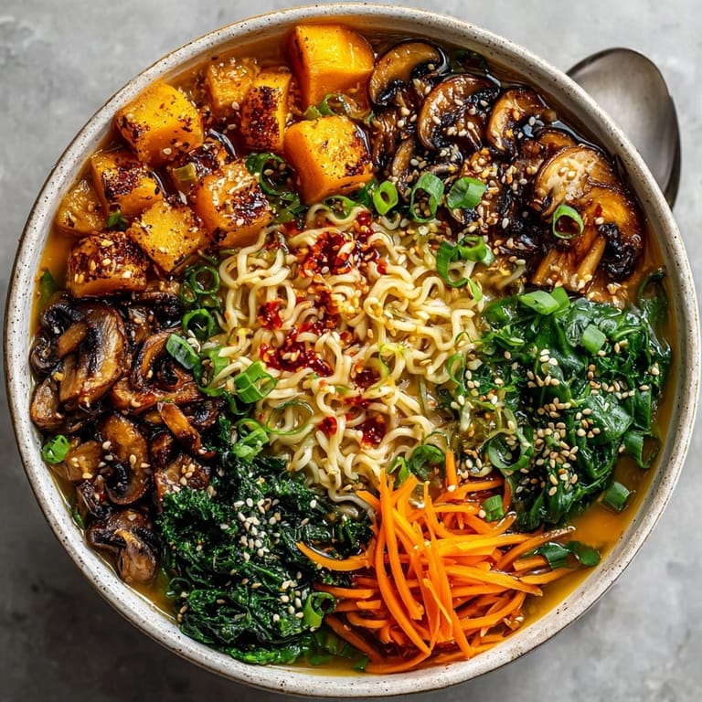 Fragrant Japanese-Spiced Pumpkin Ramen Bowl, perfect for a cozy, flavorful meal, with visible sesame seeds.