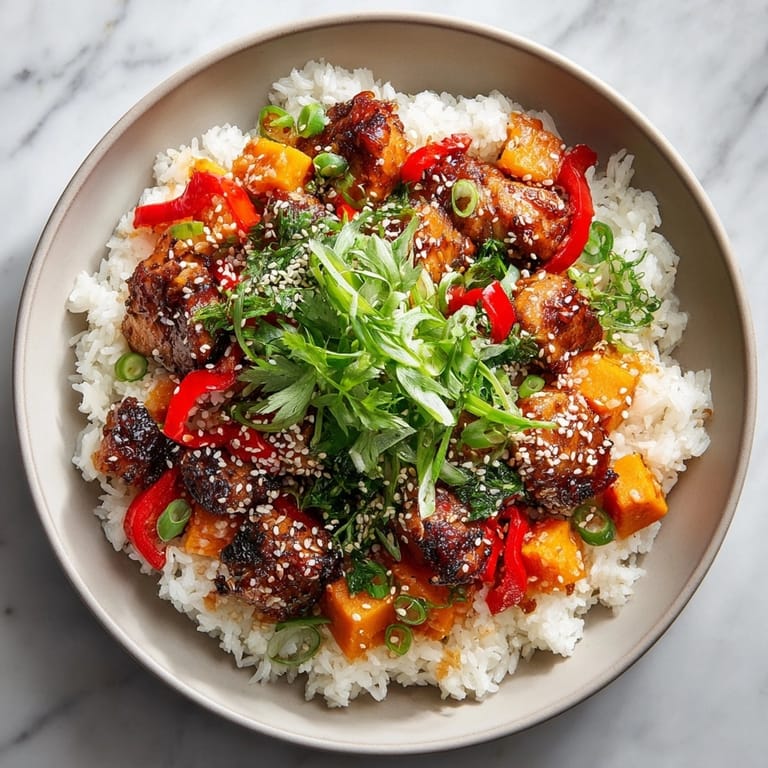 Warm and savory One-Pot Teriyaki Chicken and Sweet Potato Rice, a complete meal in one skillet.