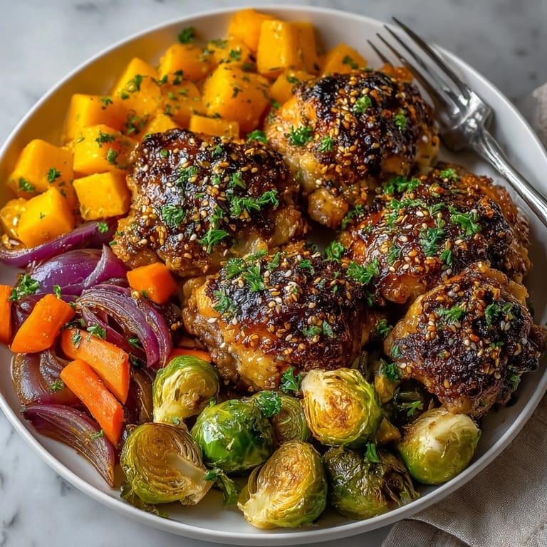 A close-up of Sheet Pan Miso Honey Chicken, showcasing glazed chicken and caramelized veggies.