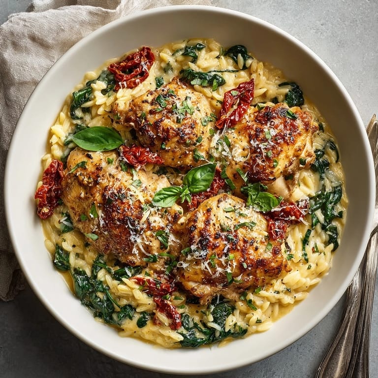 Fragrant One-Pot Creamy Tuscan Chicken Orzo with visible sun-dried tomatoes, ready to enjoy.