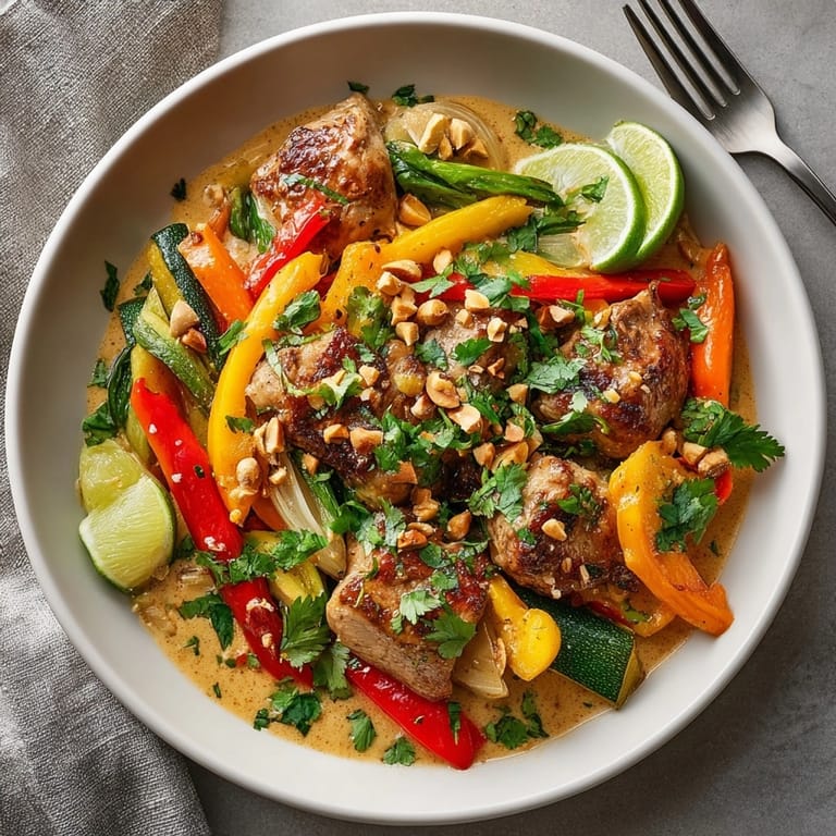 Fragrant Thai-inspired peanut chicken and vegetable curry with colorful peppers and a creamy peanut sauce, perfect for dinner.
