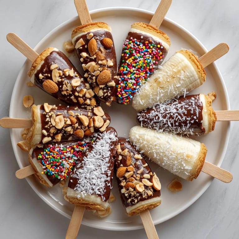 Close-up of creamy peanut butter banana pops dipped in chocolate with colorful toppings for a playful treat
