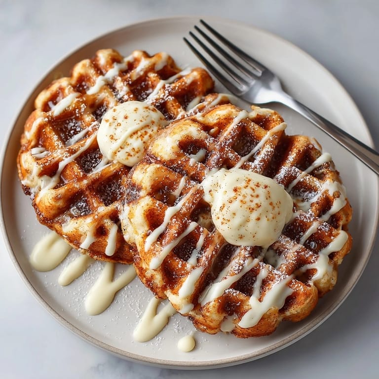 Warm, fluffy Cinnamon Roll Waffles layered with cinnamon swirl and cream cheese icing, perfect for brunch.