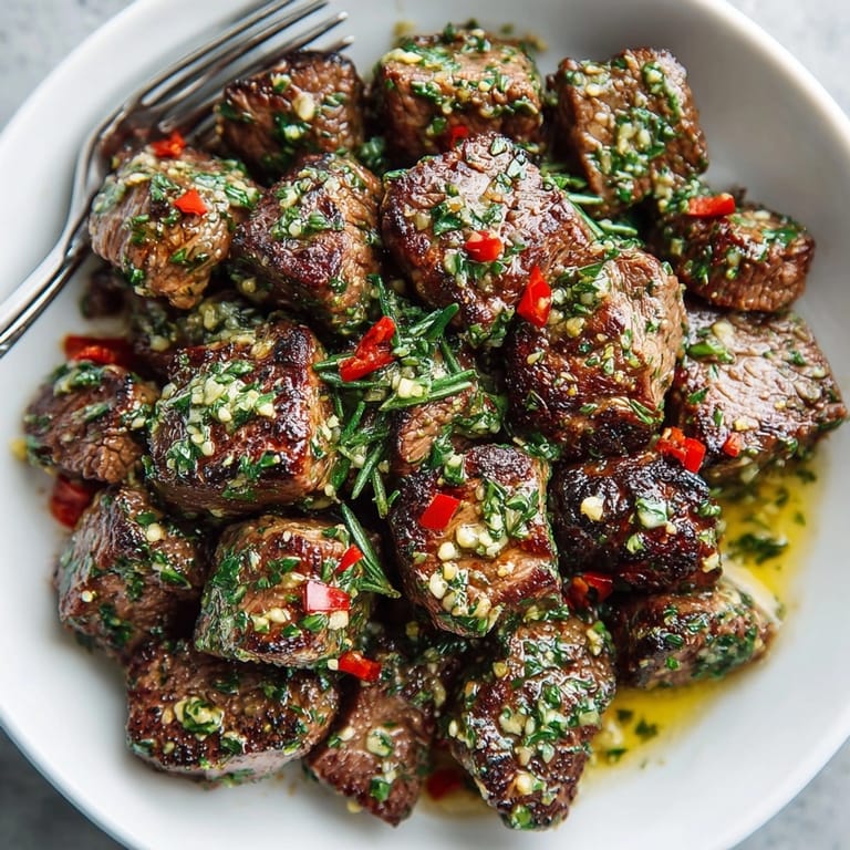 Seared garlic herb butter steak bites with golden-brown crust, ready as an appetizer or main course.