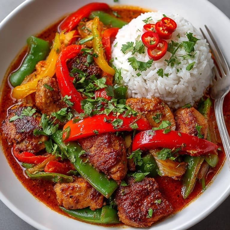 A colorful bowl of Thai Curry Coconut Chicken featuring tender chicken thighs and crisp vegetables