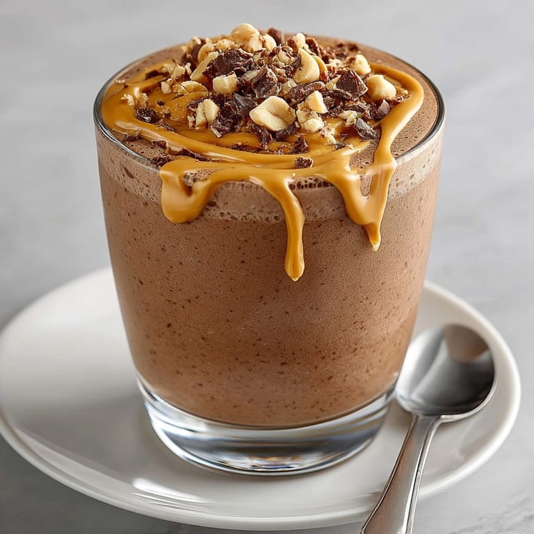 Refreshing Peanut Butter Chocolate Smoothie topped with melted peanut butter drizzle, perfect for breakfast.