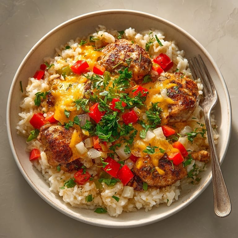 Hearty Cajun Chicken and Rice Casserole plated for dinner, steam rising and creamy, cheesy texture visible