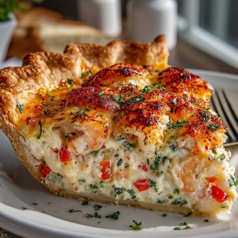 Freshly sliced Florida Shrimp Pie cooling on a plate, garnished with parsley and lemon wedges.