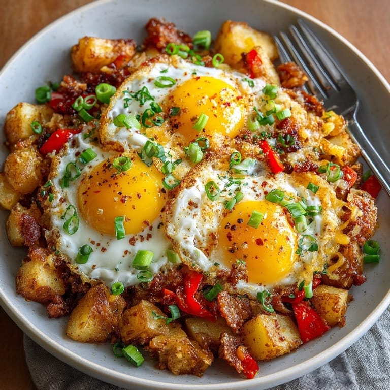 A skillet of comforting Cheesy Bacon Breakfast Hash, warm cheddar cheese oozing onto everything.