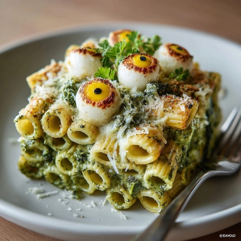 Vibrant green Green Monster Mac and Cheese, cheesy and bubbling hot in a bowl.