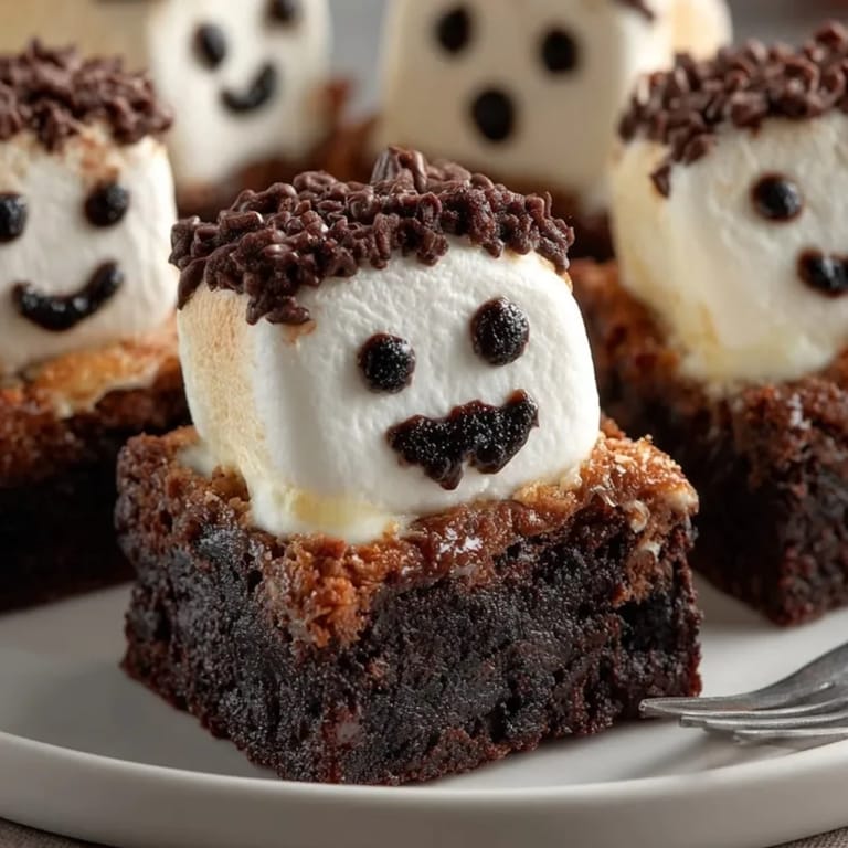 Homemade Marshmallow Ghost Brownies glistening with melted white chocolate, playfully decorated for a spooky snack.