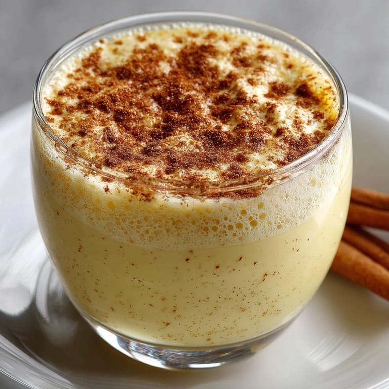 Garnished with nutmeg, creamy Homemade Non-Alcoholic Eggnog: The perfect easy holiday treat.