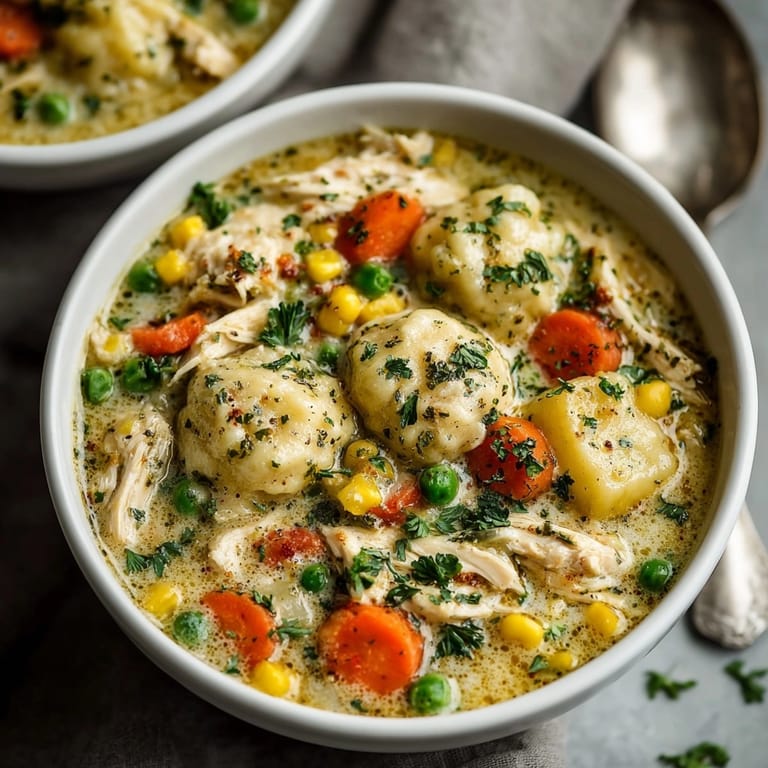 Ladle scooping savory Chicken Pot Pie Soup—a hearty, one-pot meal, perfect for dinner.