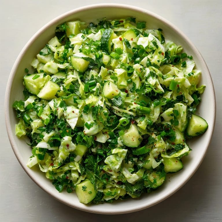 Top-down shot of colorful Green Goddess Salad, showing off the crunchy cabbage and herbs.