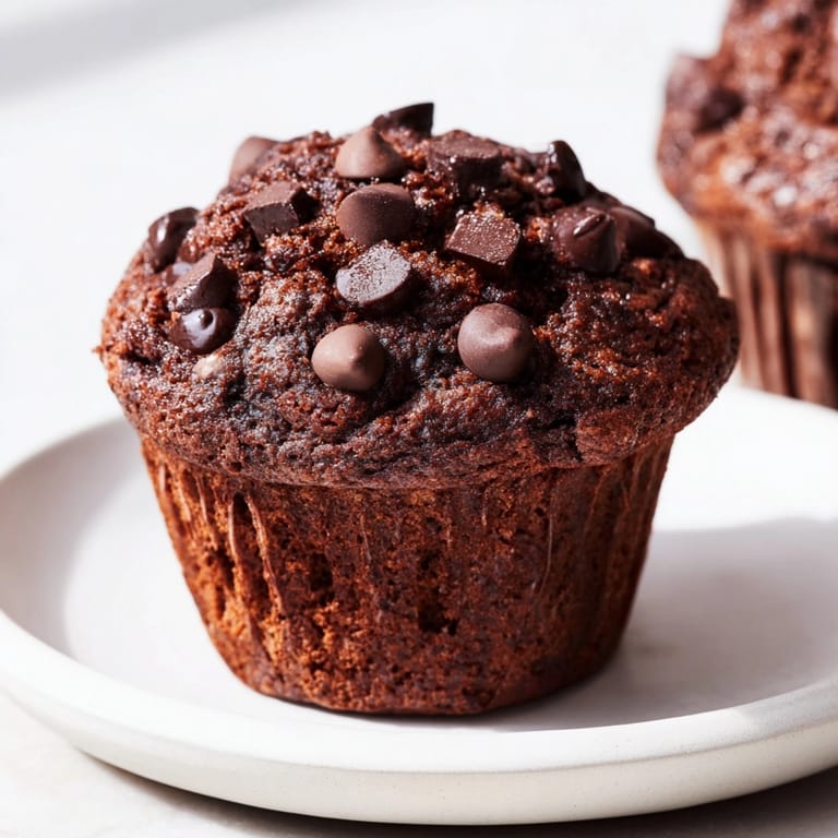 Warm, gooey Double Chocolate Muffins with extra chips, ready to enjoy for breakfast or dessert.