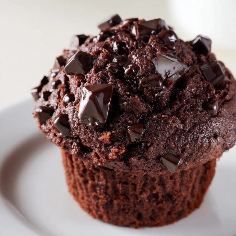 Top-down view of delicious Double Chocolate Muffins, showcasing their rich, dark color and fluffy texture.