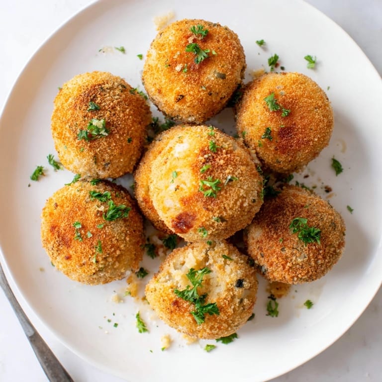Closeup of crispy, golden brown Cheesy Garlic Potato Rice Balls, fresh from fryer.