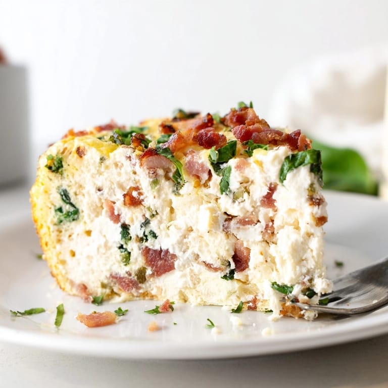 Close-up of a baked Ricotta Herb Bacon Frittata showcasing the creamy texture and herb flecks.