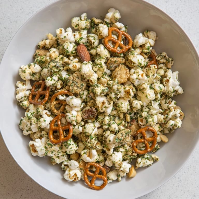 Cozy bowl of homemade Garlic Herb Popcorn Snack Mix with pretzels and toasted nuts.