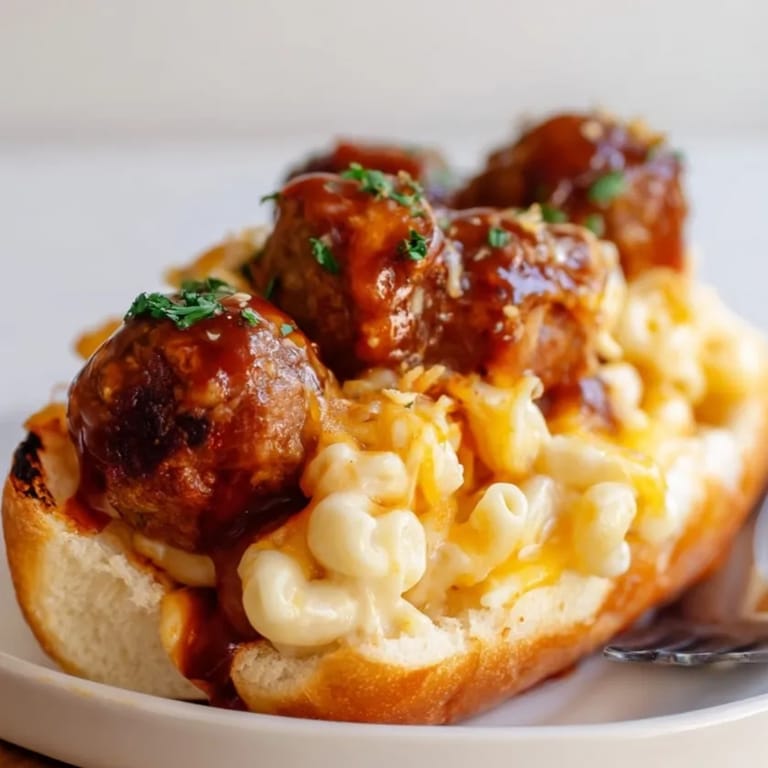 Warm, gooey Mac and Cheese BBQ Meatball Sub, a savory American comfort food delight.