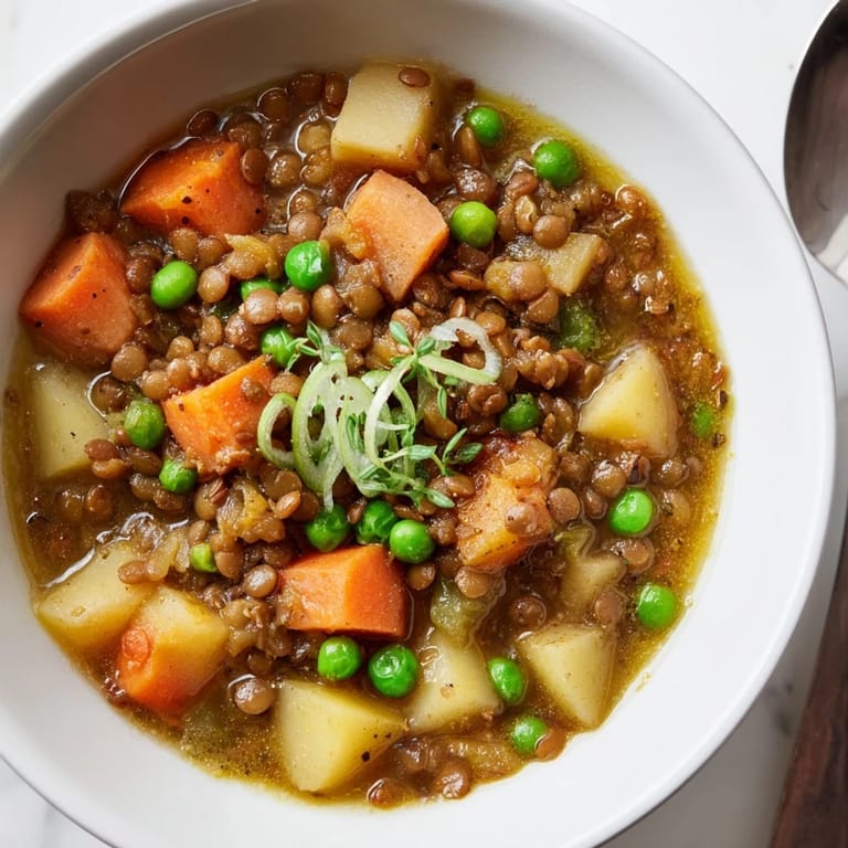 Comforting Japanese Curry Lentil Soup garnished with fresh scallions on a cozy table.  