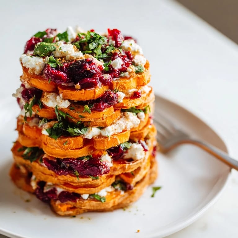 Colorful sweet potato stacks with zesty cranberry jalapeño dip, perfect for parties.