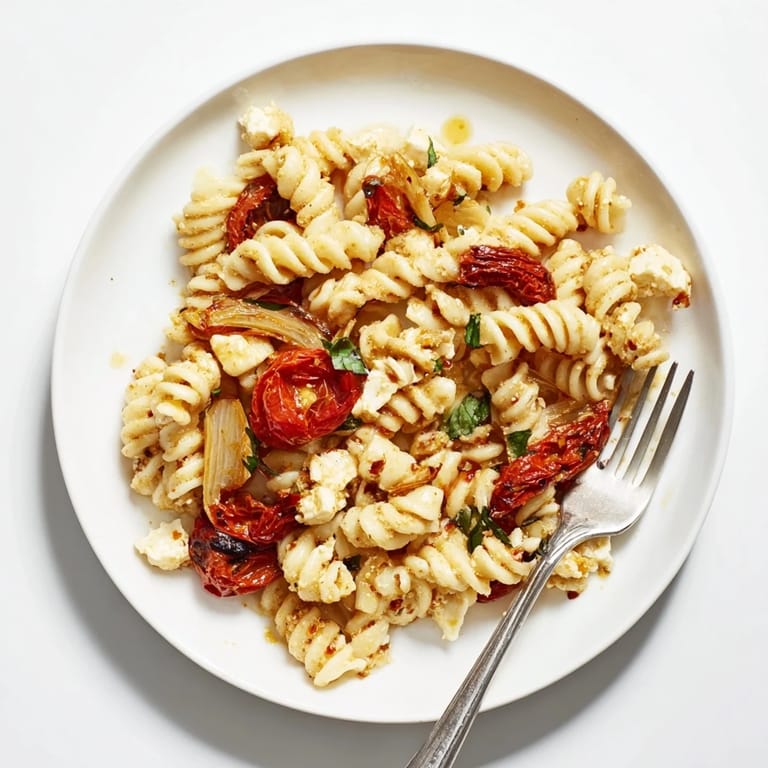 Hearty baked feta pasta mixed with rich flavors and fresh basil for garnish.