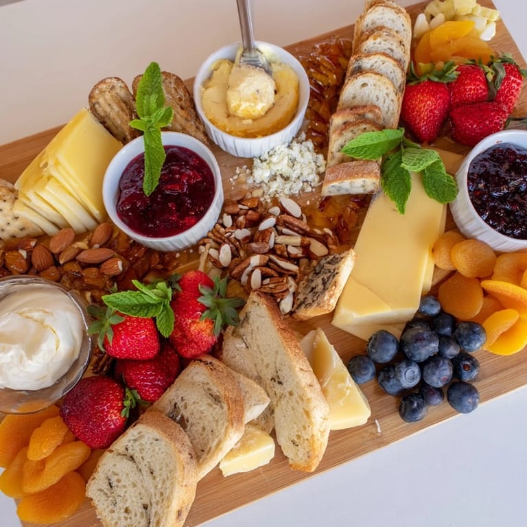 Artisan baguette and creamy brie accompany the vibrant jam-infused brunch board spread.  